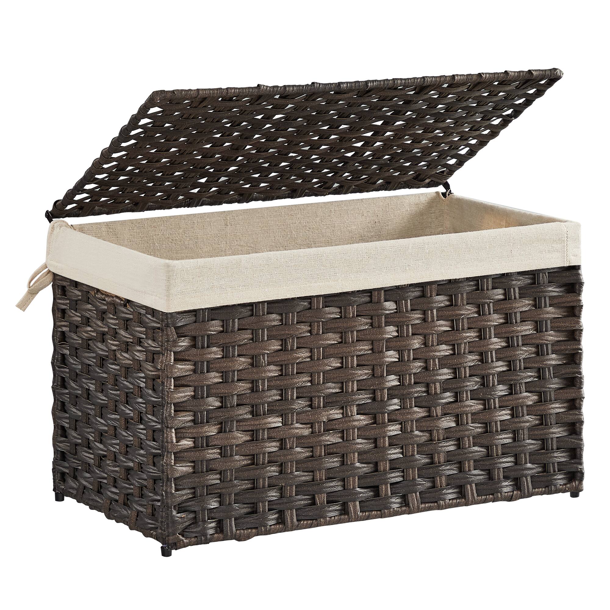 Front. Songmics Home - Storage Basket with Lid,17.2 Gallon (65L) Storage Bin,Woven Blanket Storage Basket with Handles,oldable,emovable Liner - Brown.