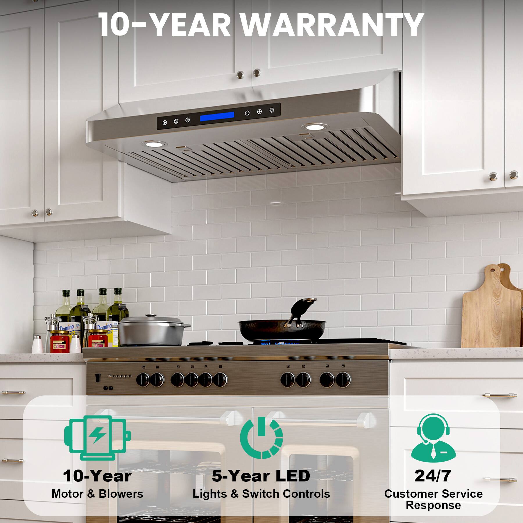 10-YEAR WARRANTY

Deruno Domit

- 10-Year Motor & Blowers
- 5-Year LED Lights & Switch Controls
- 24/7 Customer Service Response