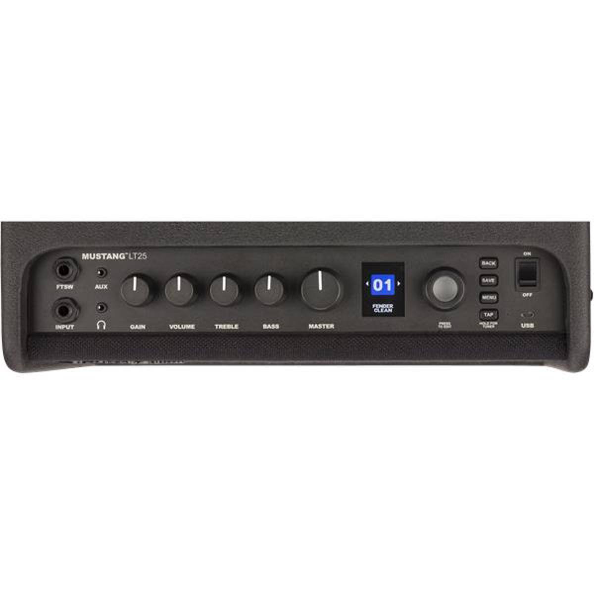 MUSTANG LT25  
FTSW AUX I I I 01 BACK SAE - OFF INPUT GAIN VOLUME TREBLE BASS MASTER F1NM CLEAN TAP USB