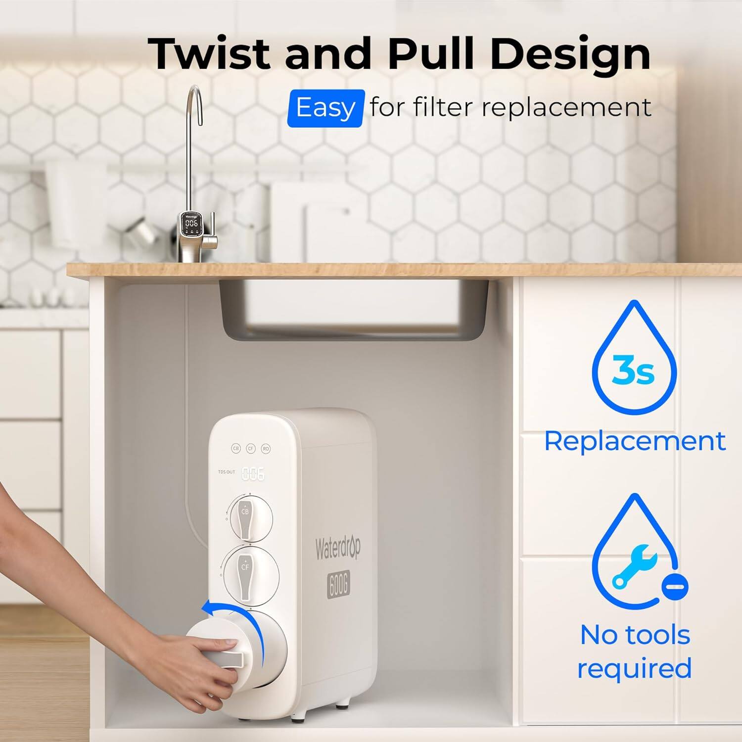 Twist and Pull Design Easy for filter replacement. No tools required.