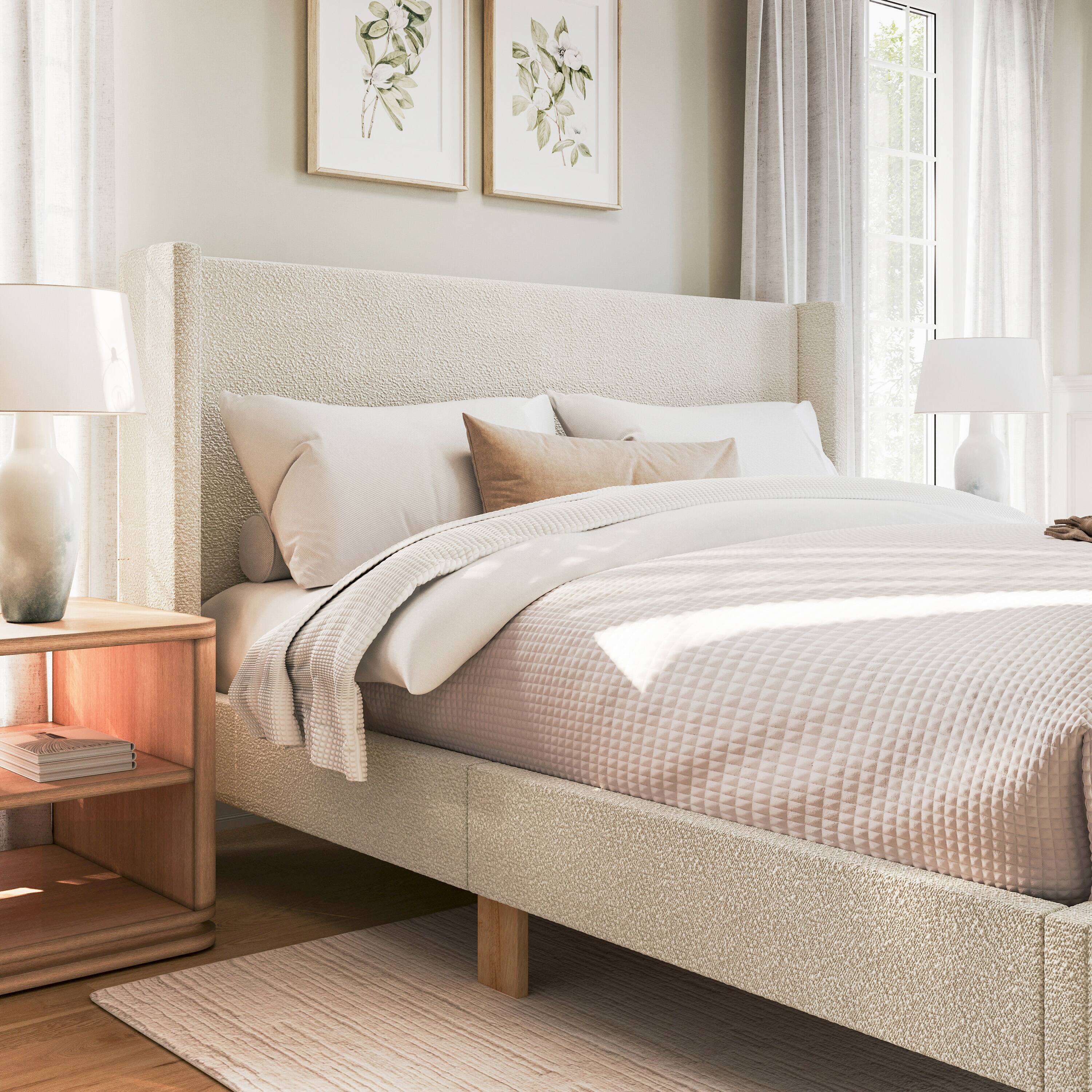 Alt View 4. Martha Stewart - Upholstered Platform Bed with Wingback Headboard - Off-White.