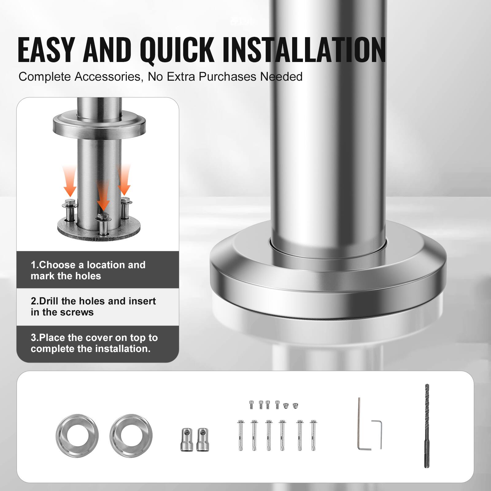 EASY AND QUICK INSTALLATION
Complete Accessories, No Extra Purchases Needed
1. Choose a location and mark the holes
2. Drill the holes and insert in the screws
3. Place the cover on top to complete the installation.