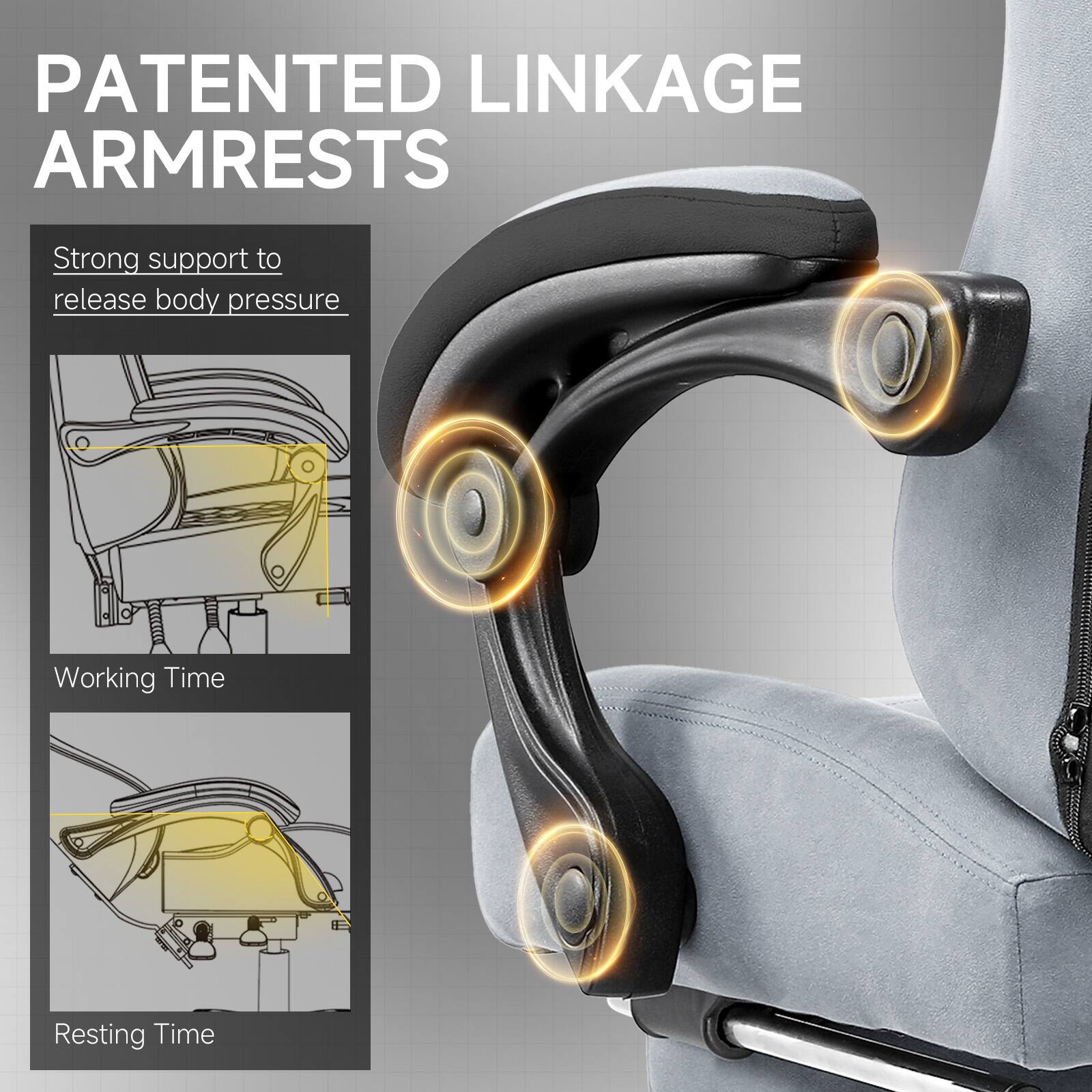 PATENTED LINKAGE ARMRESTS

Strong support to release body pressure

Working Time

Resting Time