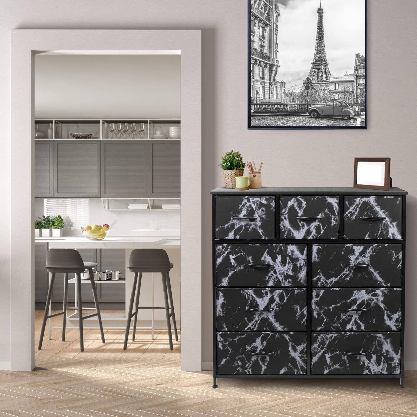 Alt View 3. Sorbus - Sorbus 9 Drawers Dresser - Furniture Storage for Bedroom, Closet, and More - Steel Frame, Wood Top, Fabric Bins - Marble Black.