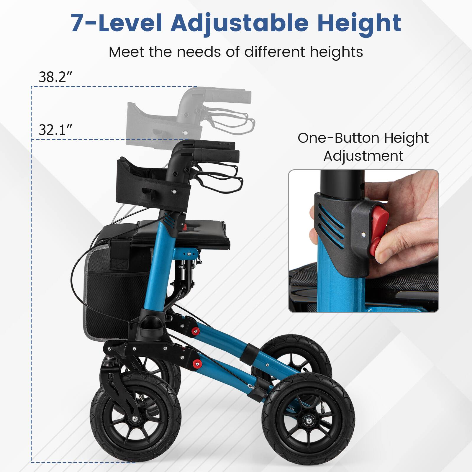 7-Level Adjustable Height
Meet the needs of different heights
38.2"
32.1"
One-Button Height Adjustment