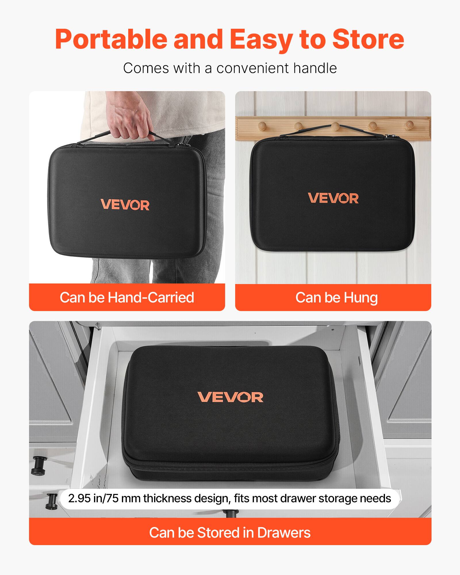 Portable and Easy to Store  
Comes with a convenient handle  

- Can be Hand-Carried  
- Can be Hung  

2.95 in/75 mm thickness design, fits most drawer storage needs  
- Can be Stored in Drawers