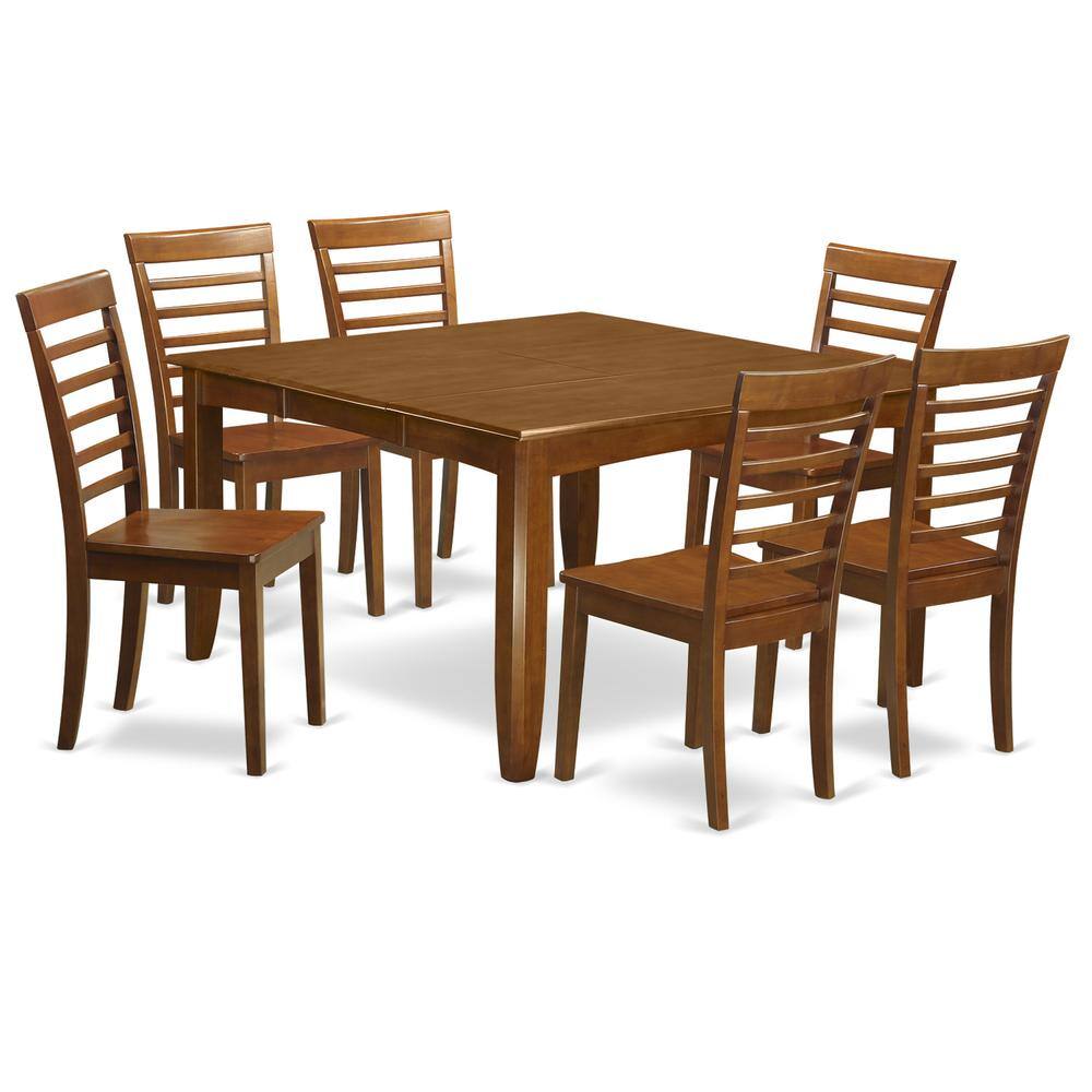 Front. East West Furniture - 7 Pc formal Dining room set-Square Dining Table with Leaf and 6 Dining Chairs. - Saddle Brown.