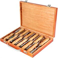 Front. VEVOR - 12-Piece Wood Lathe Chisel Set, 3.75" Blade, Woodworking & Carving Tools with Wooden Case for Furniture & Root Crafting - Original steel color + Wooden color.