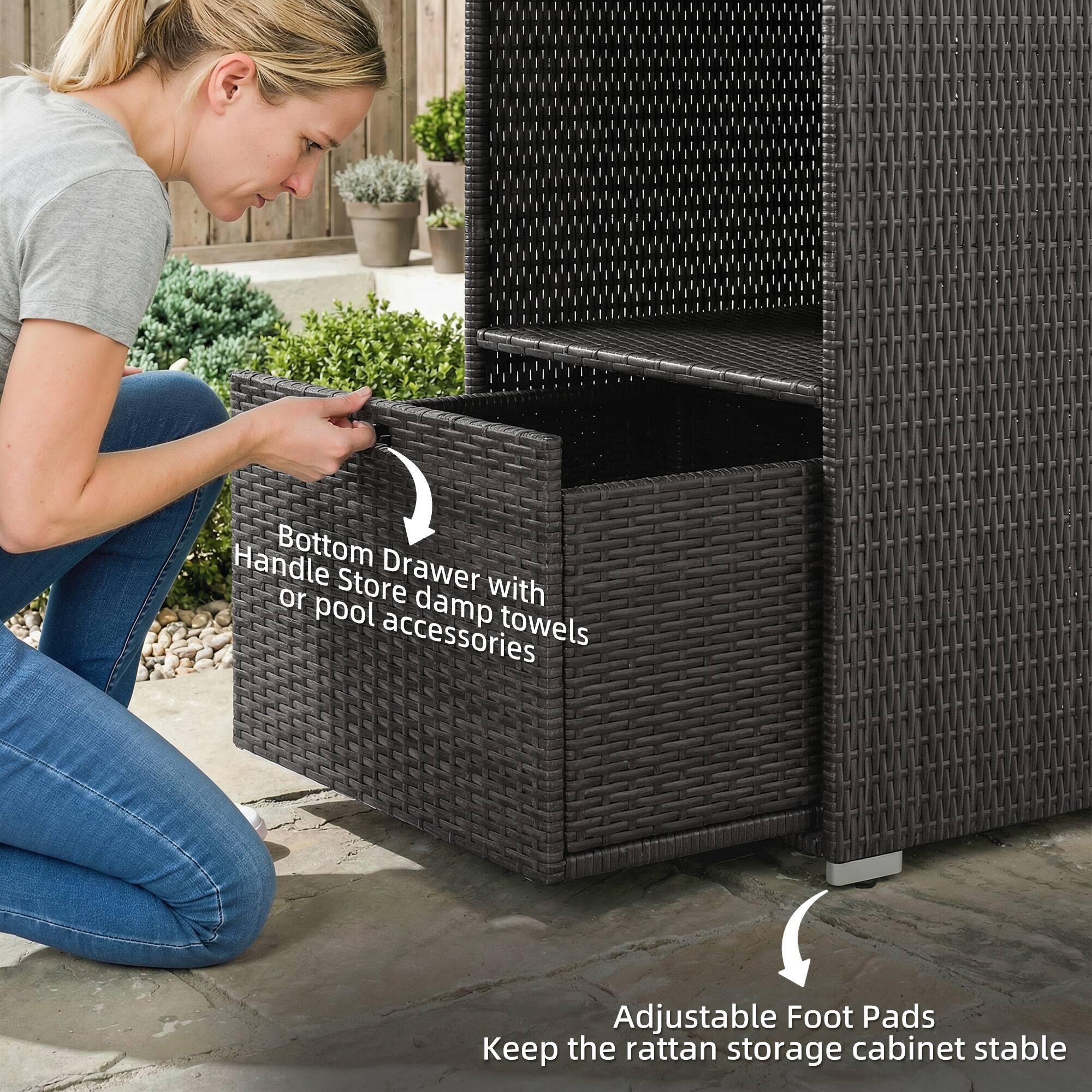 Bottom Drawer with handle to store damp towels or pool accessories

Adjustable Foot Pads keep the rattan storage cabinet stable