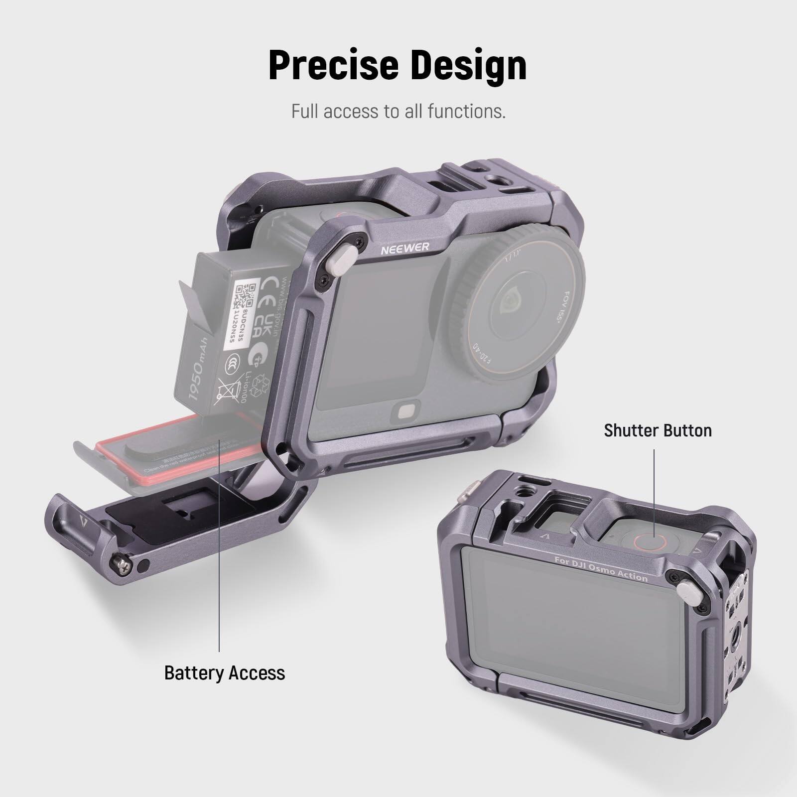 Precise Design  
Full access to all functions.  

1950mAh  

www.LUZONESRUDCM.com  

NEEWER  

1/17  

FOV - Shutter Button  

For DJI Osmo Action  

Battery Access