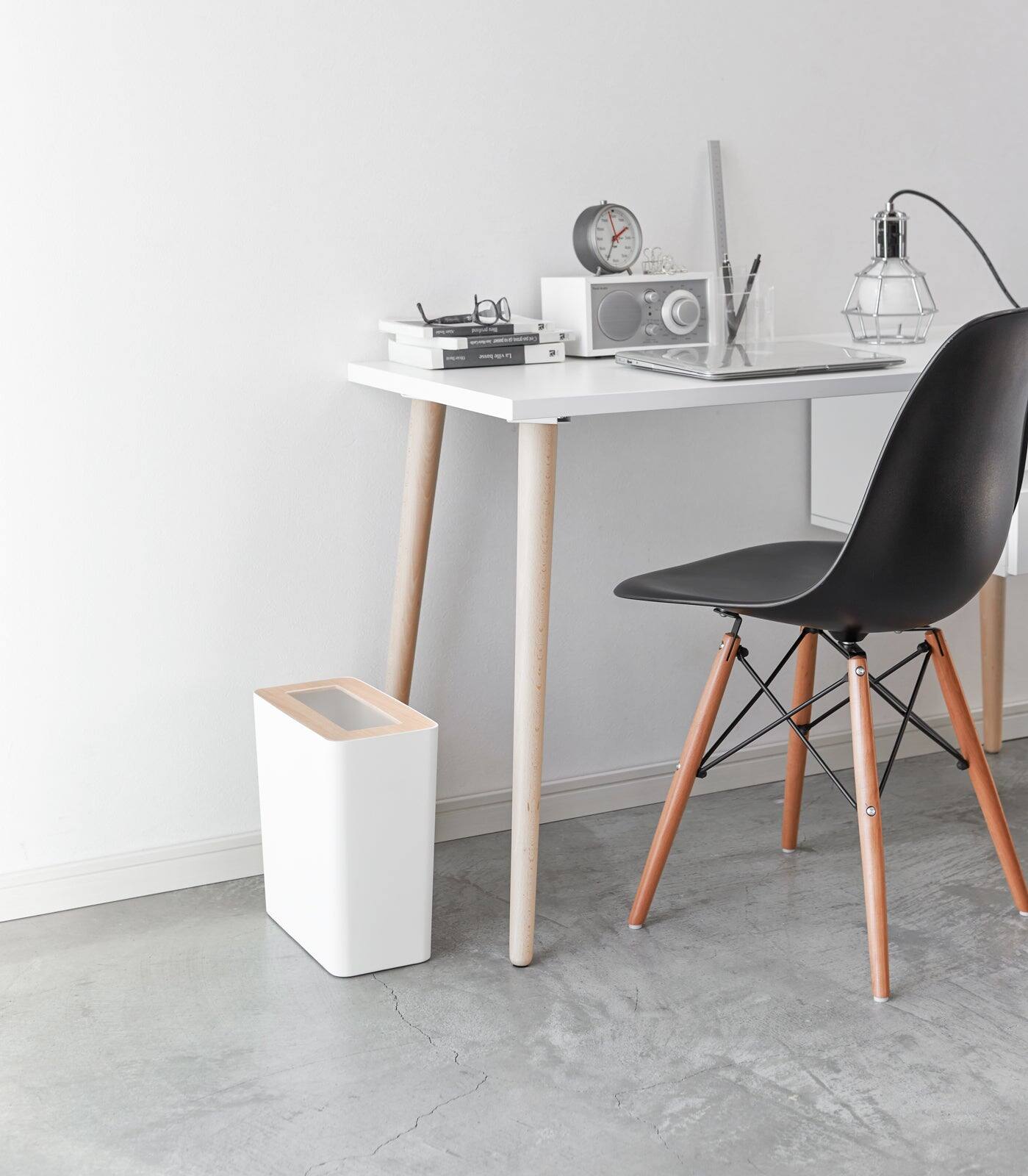 Left. Yamazaki Home - Trash Can - Rectangle - Steel + Wood - Black.