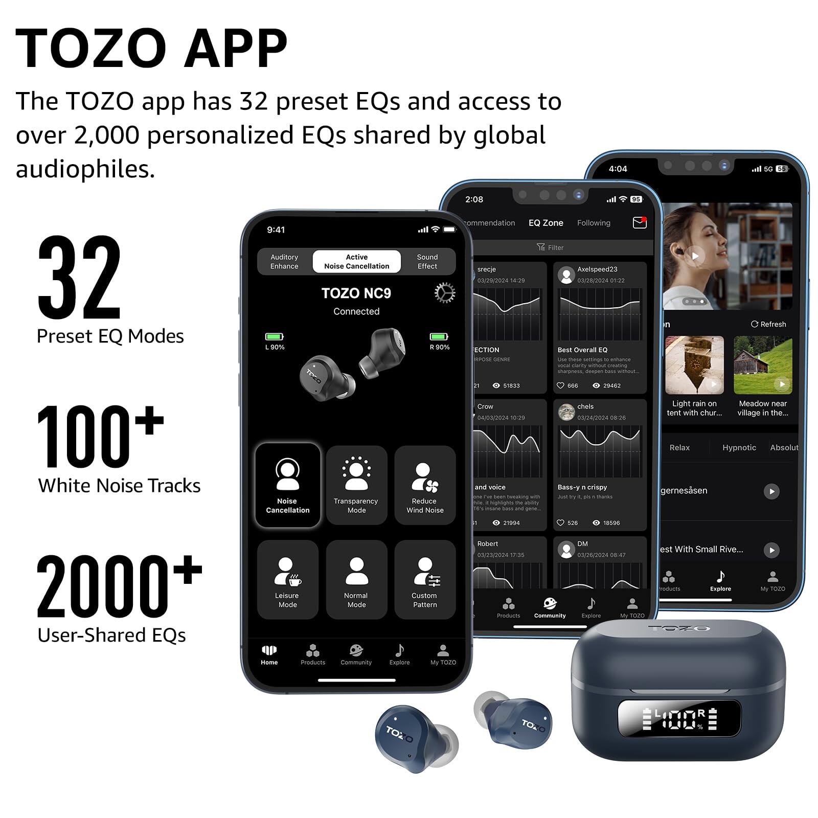 TOZO APP
The TOZO app has 32 preset EQs and access to over 2,000 personalized EQs shared by global audiophiles.

32 Preset EQ Modes
100+ White Noise Tracks
2000+ User-Shared EQs

4:04
2:00
9:41
Filler
Auditory
Active
Sound Enhance
Noise Cancellation
Effect
srecie
Anelapee-d22
TOZO Connected
NC9
03/28/2024
18:7%
03/28/2024
S1:28
Overall Best EQ
sorce
SNE
-.
- sumings
- uanca
- w shargmess
-p
- MD
51813
PRASZ
Croe
theis
04/02/2024
10:29
24/02024
08:26
Transparency
Reduce
Wind Noise
Fa
bass
and
5G
Refresh
Light
Fain
om
Meadow
near
Senit
with chur..
village
in the..
Relax
Hypnotic
Absolut
gemesasen
Leisure
Mide
Normal
Mode
Custom
Pattern
71954
5IS
Robert
DM
est
With
Small
Rive.
232004
17:35
24/2034
08.47
brodurts
Explore
Prodcuts
Cy
Tuotora
y7020
TOTO
My
1020
some
Products
community
Explure
MyTOZO
TOX
TO.