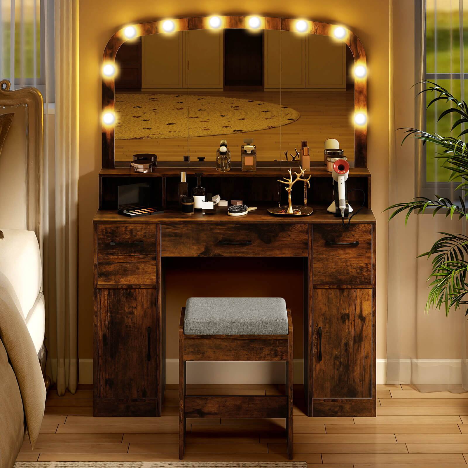 Alt View 3. Costway - Costway Vanity Desk Makeup Table with with Stool Large Mirror 3-Color Lights for Bedroom - Rustic Brown.