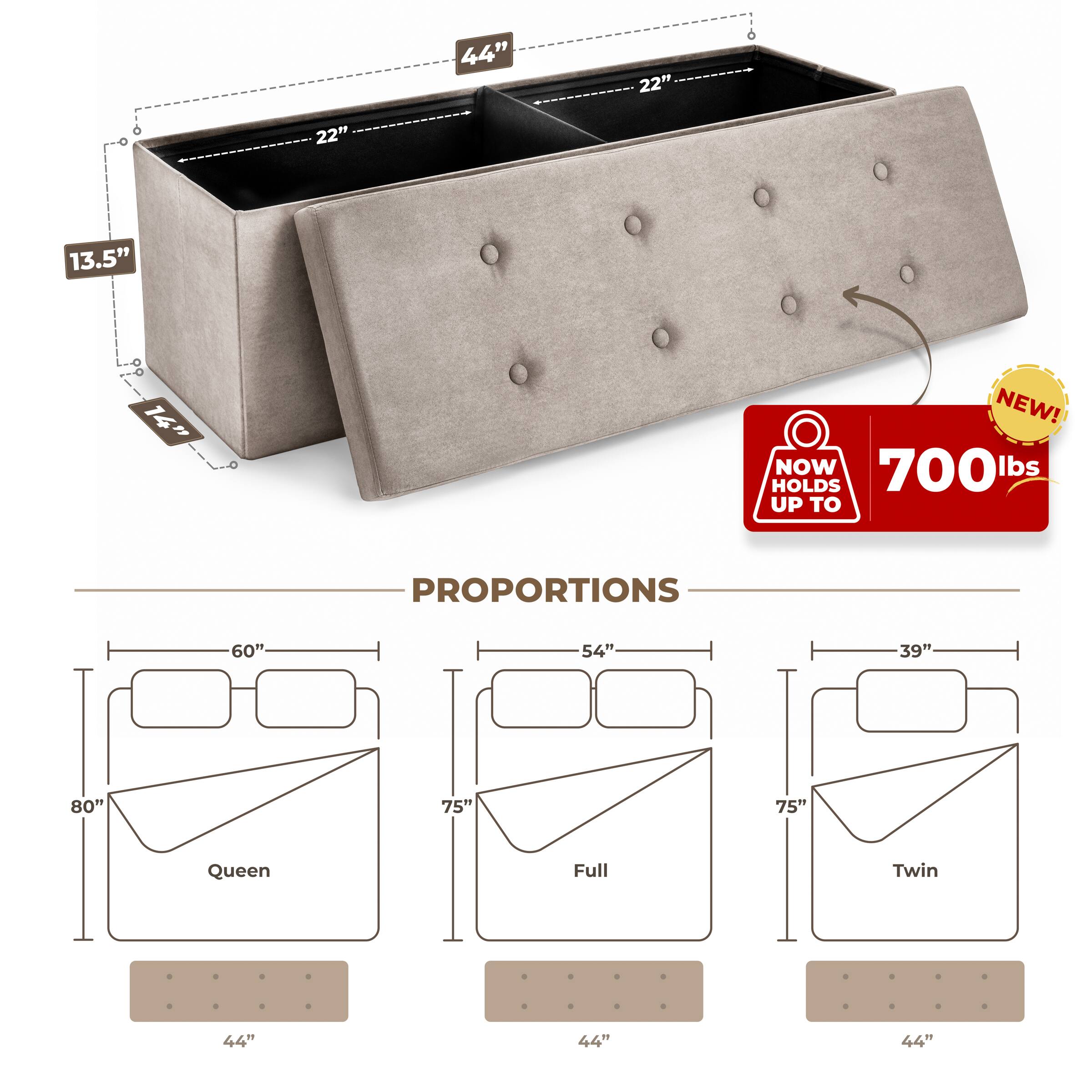 44" x 22" x 13.5"  
14"  
NEW! NOW HOLDS UP TO 700 lbs  
PROPORTIONS  
Queen: 80" x 60" x 44"  
Full: 75" x 54" x 44"  
Twin: 75" x 39" x 44"