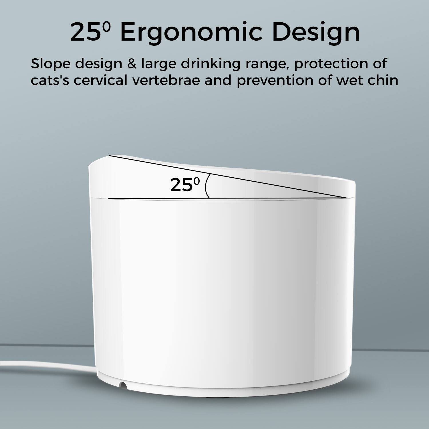 25° Ergonomic Design

Slope design & large drinking range, protection of cats's cervical vertebrae and prevention of wet chin