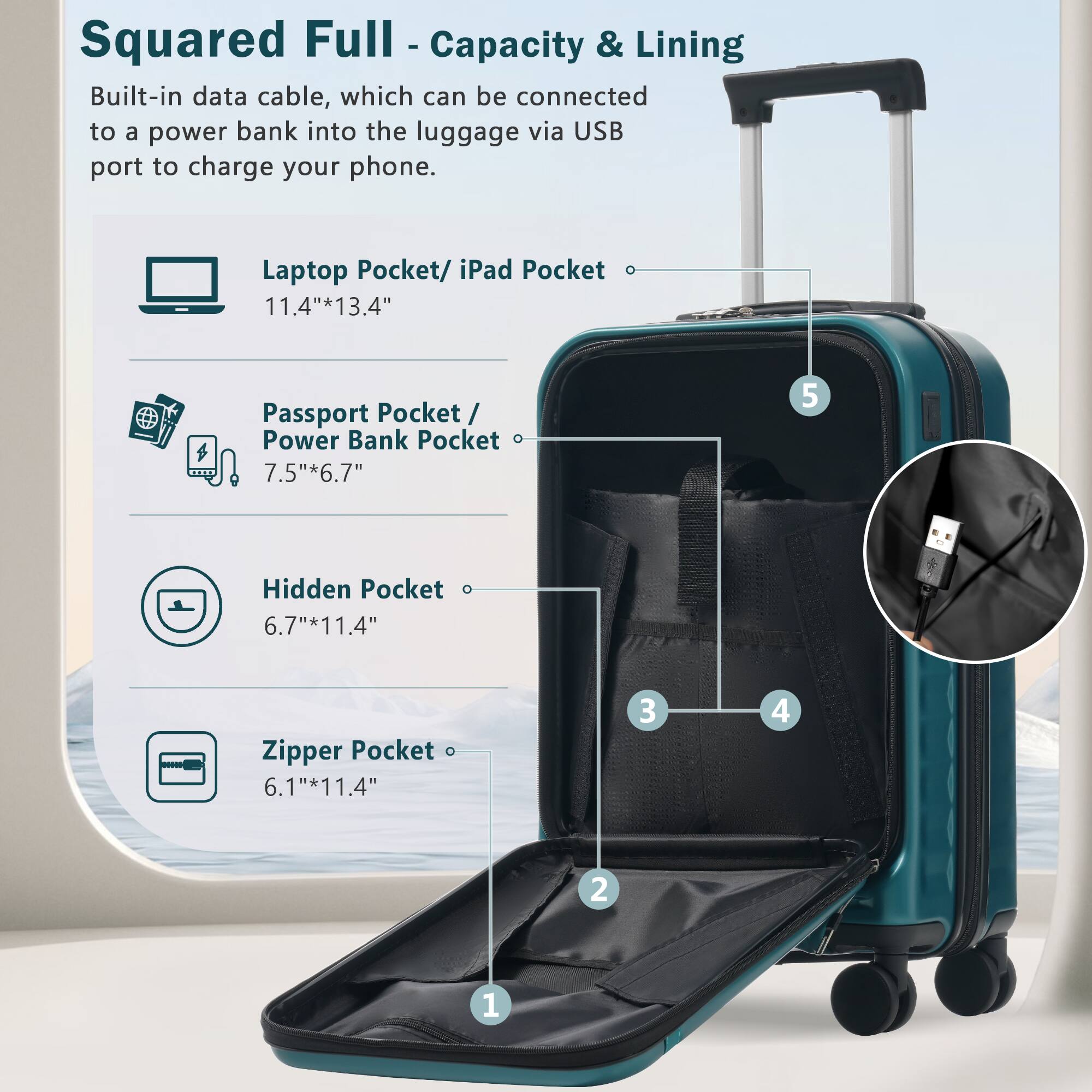 Squared Full - Capacity & Lining

Built-in data cable, which can be connected to a power bank into the luggage via USB port to charge your phone.

- Laptop Pocket/ iPad Pocket: 11.4" x 13.4"
- Passport Pocket/ Power Bank Pocket: 7.5" x 6.7"
- Hidden Pocket: 6.7" x 11.4"
- Zipper Pocket: 6.1" x 11.4"