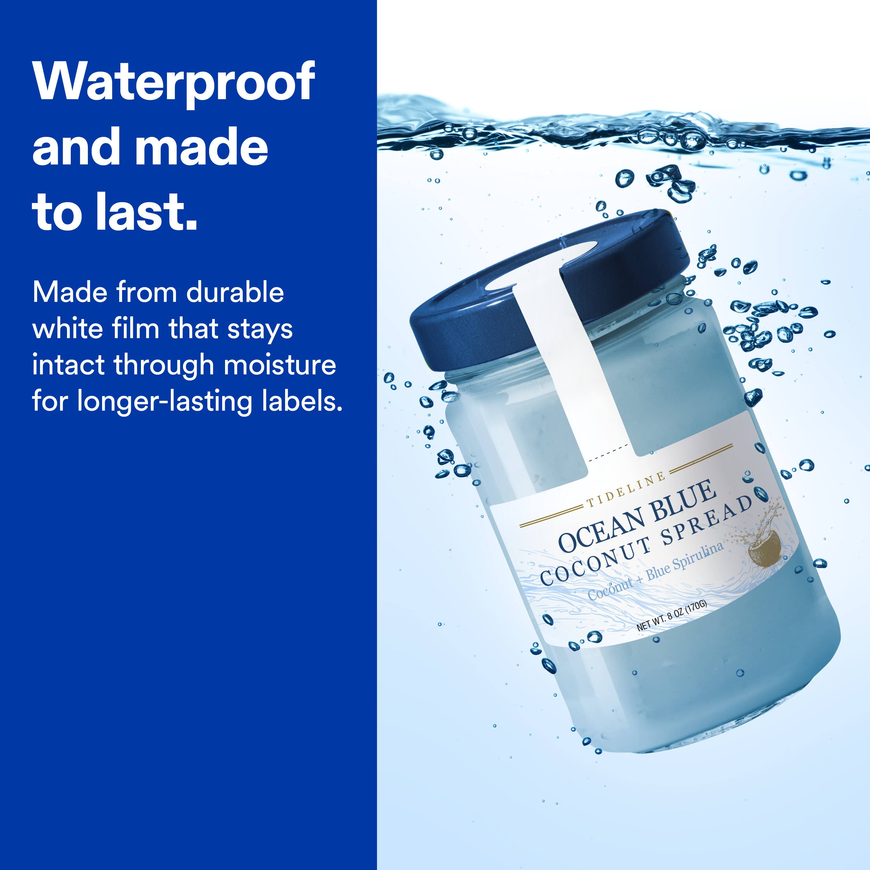 Waterproof and made to last. Made from durable white film that stays intact through moisture for longer-lasting labels. TIDELINE BLUE OCEAN SPREAD COCONUT Blue Spirulina + Coconut OZ 170G WT. 5 NET