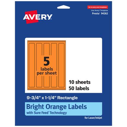 Go to avery.com/templates
AVERY
Use Avery™ Template Presta® 94262
5 labels per sheet
10 sheets
50 labels
9-3/4" x 1-1/4" Rectangle
Bright Orange Labels with Sure Feed® Technology for Laser/Inkjet