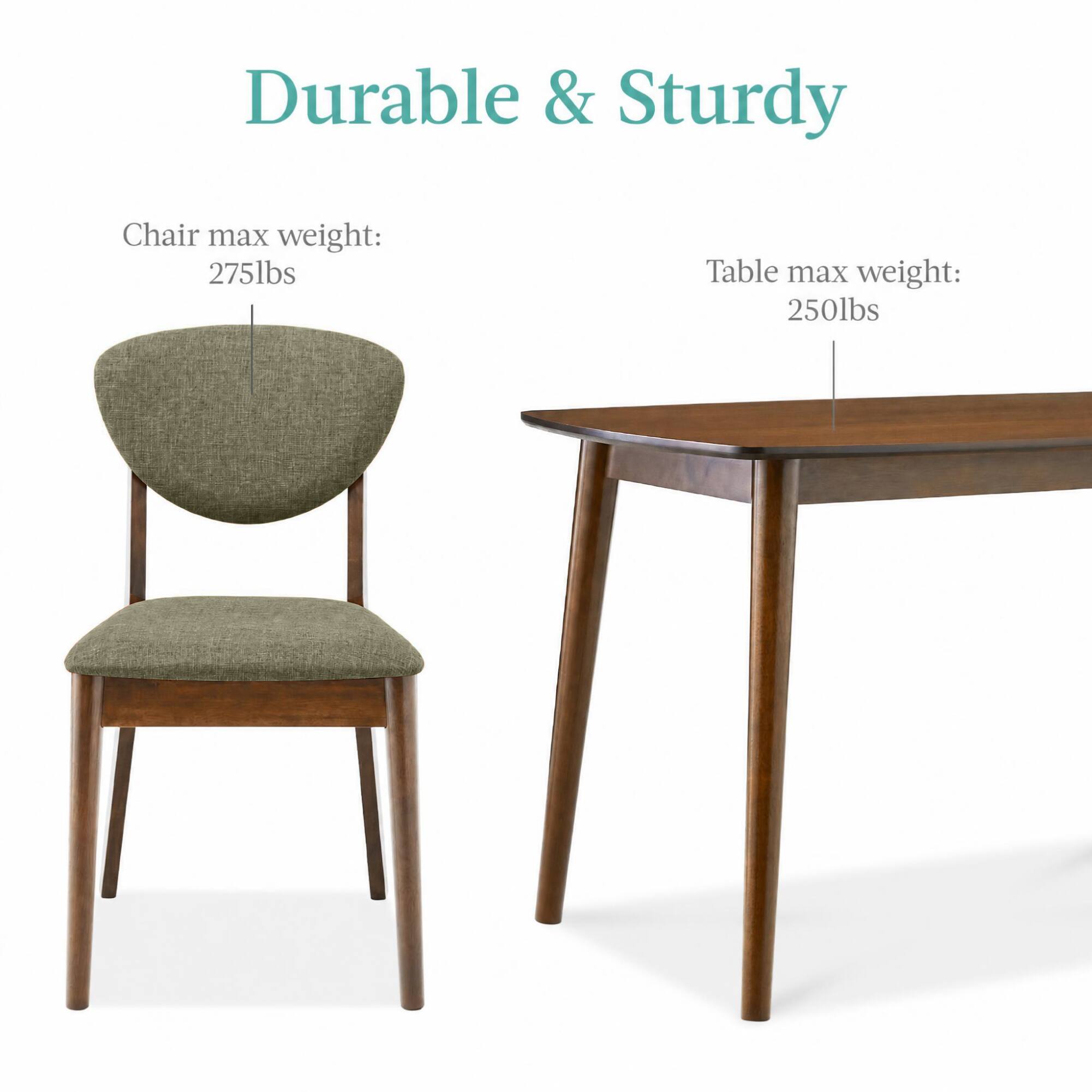 Durable & Sturdy

Chair max weight: 275lbs

Table max weight: 250lbs
