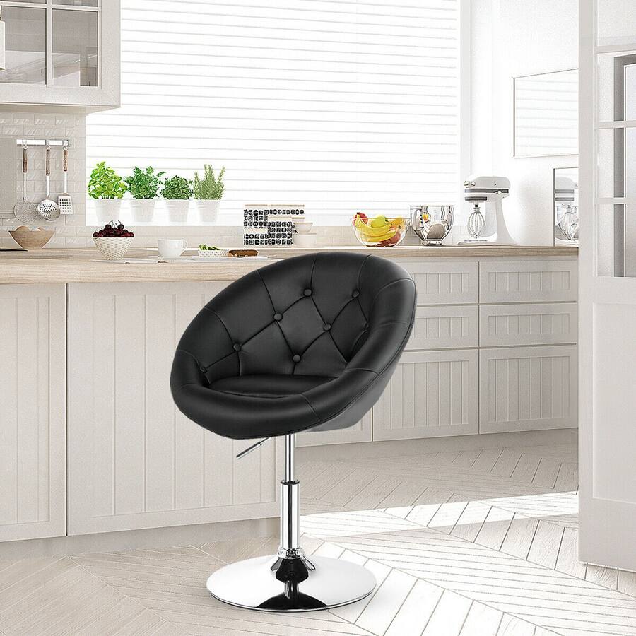Gymax PU Leather Adjustable Modern Chair Swivel Round Tufted Back Black ...