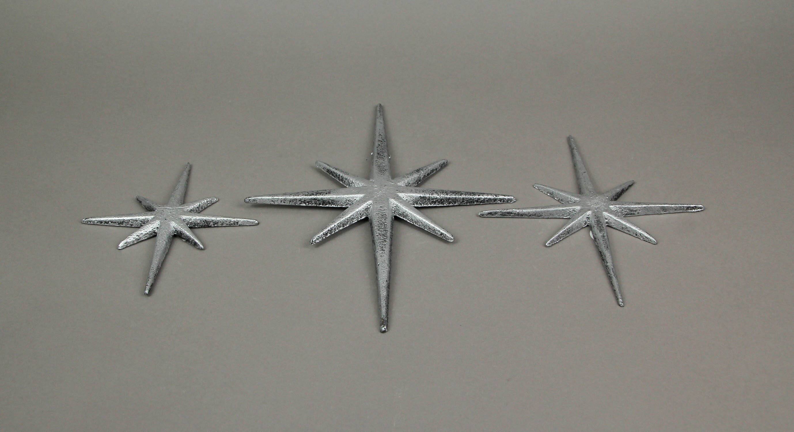 Alt View 2. Zeckos - Set of 3 Metallic Silver Cast Iron Starburst Wall Hangings 8 Pointed Stars - Silver.