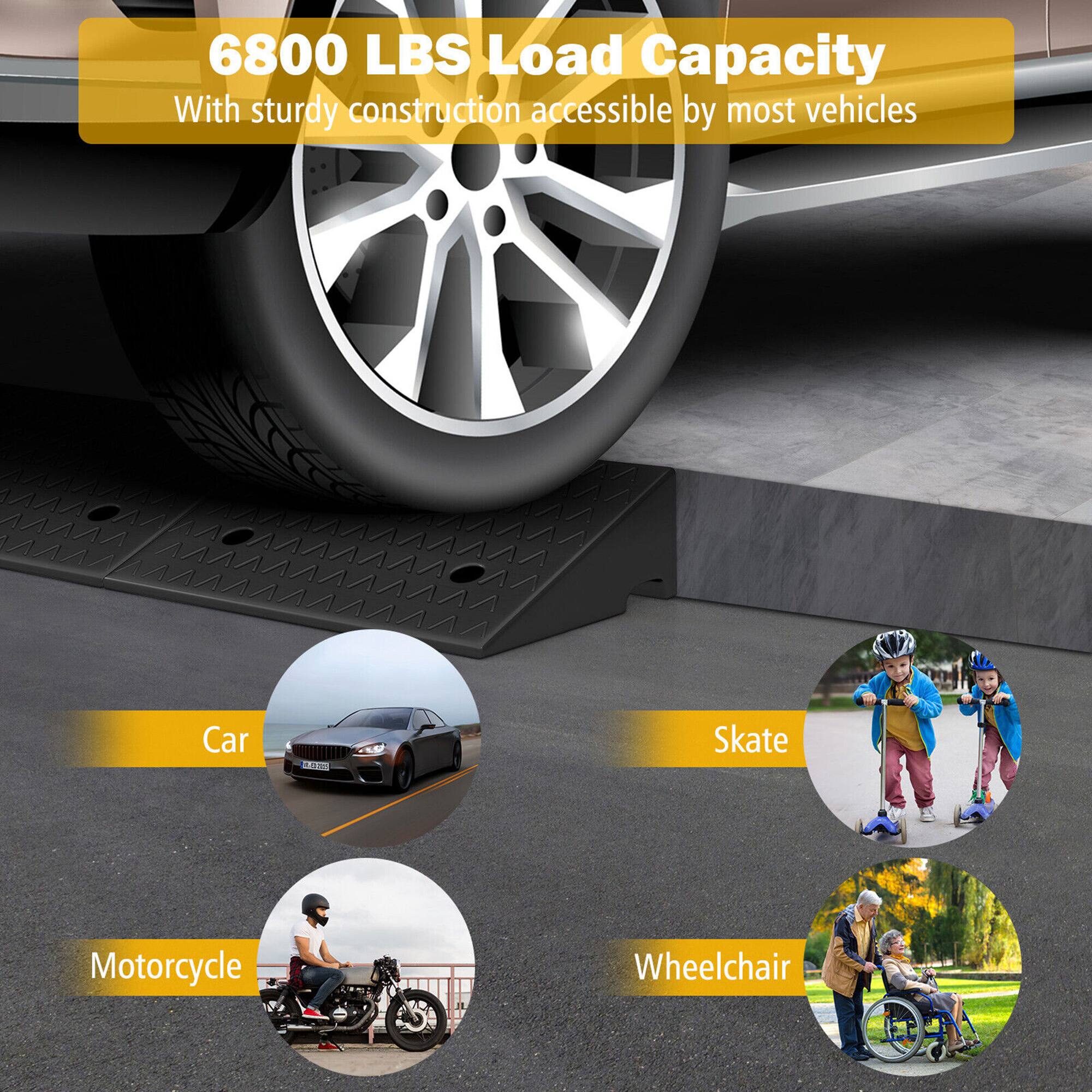 6800 LBS Load Capacity  
With sturdy construction accessible by most vehicles  

- Car  
- Motorcycle  
- Skate  
- Wheelchair