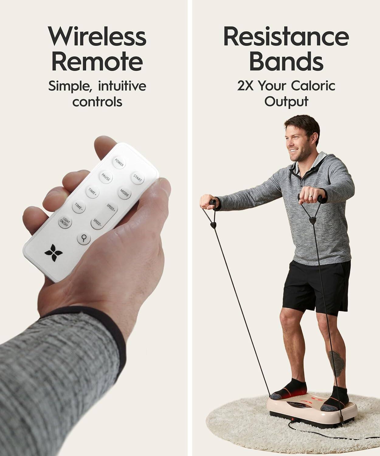 Wireless Remote  
Simple, intuitive controls

Resistance Bands  
2X Your Caloric Output