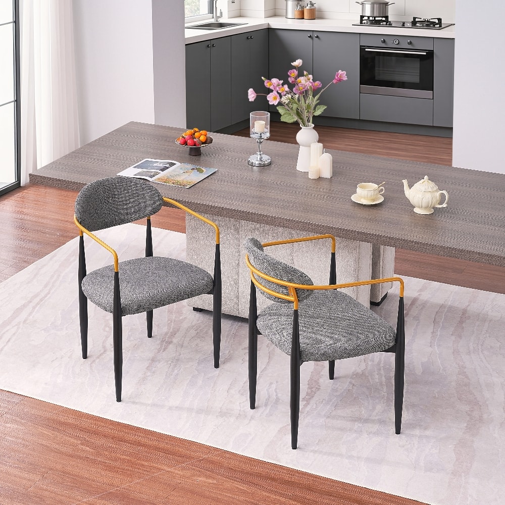 Loheer - Modern Upholstered Dining Chairs Set of 2 Grey Fabric Ergonomic Seat Black Metal Frame Gold Armrests - Gray price history on PriceWatchPro
