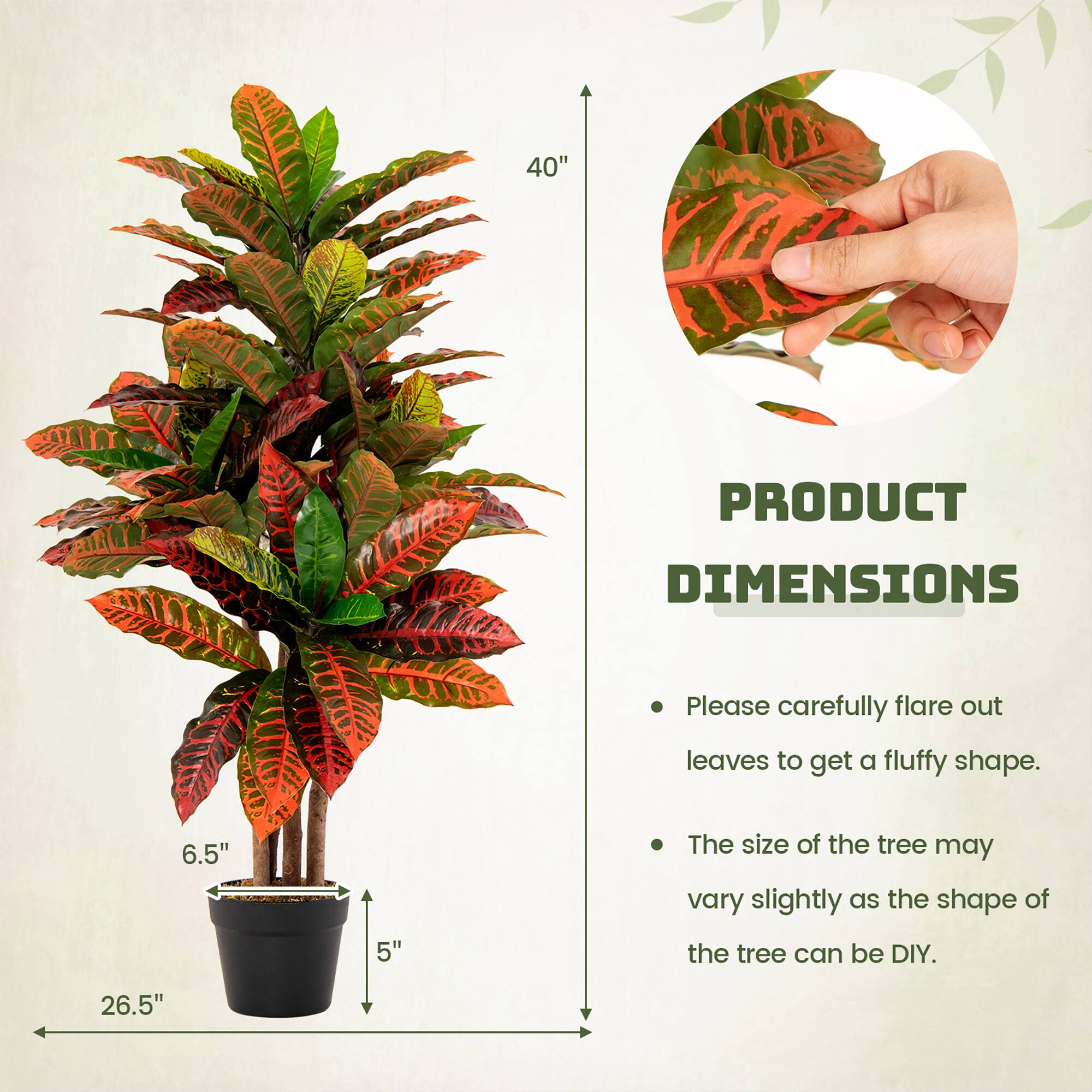 **PRODUCT DIMENSIONS**

- Please carefully flare out leaves to get a fluffy shape.
- The size of the tree may vary slightly as the shape of the tree can be DIY.

**Dimensions:**
- Height: 40"
- Pot Diameter: 6.5"
- Pot Height: 5"
- Overall Width: 26.5"