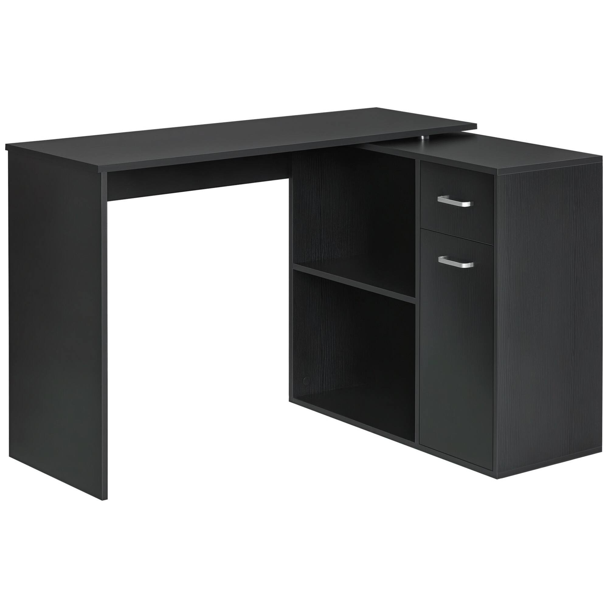 Homcom - L Shaped Computer Desk, 180° Rotating Corner Desk with Storage Shelves, Drawer and Cabinet - Black