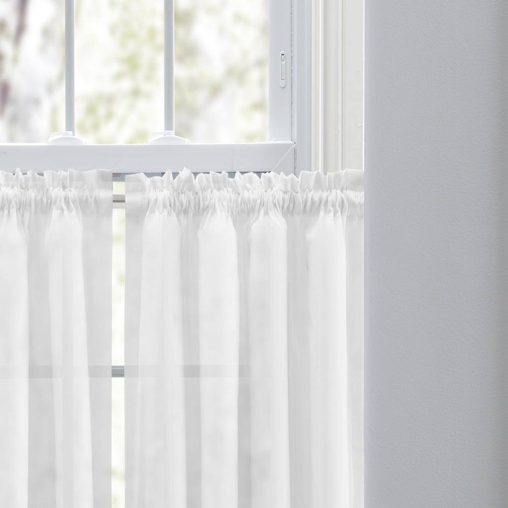 Left. Ellis Curtain - Ellis Curtain Shadow Stripe 1.5" Rod Pocket Tailored Tier Pair for Windows 80" x 36" White - White.