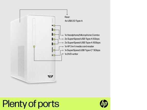 Rear:
- 4x USB 2.0 Type-A
- 1x Headphone/Microphone Combo
- 2x SuperSpeed USB Type-A 5Gbps
- 2x SuperSpeed USB Type-A 10Gbps
- 1x HP 3-in-1 media card reader
- 1x SuperSpeed USB Type-C 5Gbps
- 1x DVD-writer

Plenty of ports
