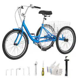 VEVOR - Adult Tricycle 26 inch Trike for Adult 3 Wheel Cruiser Bike, with Cargo Basket, Adjustable Seat, and Double-Wall Wheel - Blue