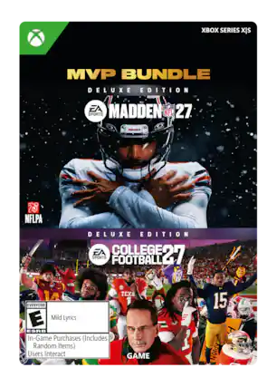 XBOX SERIES X|S MVP BUNDLE DELUXE EDITION EA SPORTS MADDEN NFL 27 BEARS GAREET NFLPA DELUXE EDITION EA COLLEGE 27 SPORTS FOOTBALL 1 W S XA EVERYONE E Mild Lyrics A ESRB In-Game Purchases (Includes Random Items) Users Interact GAME - E (Everyone)