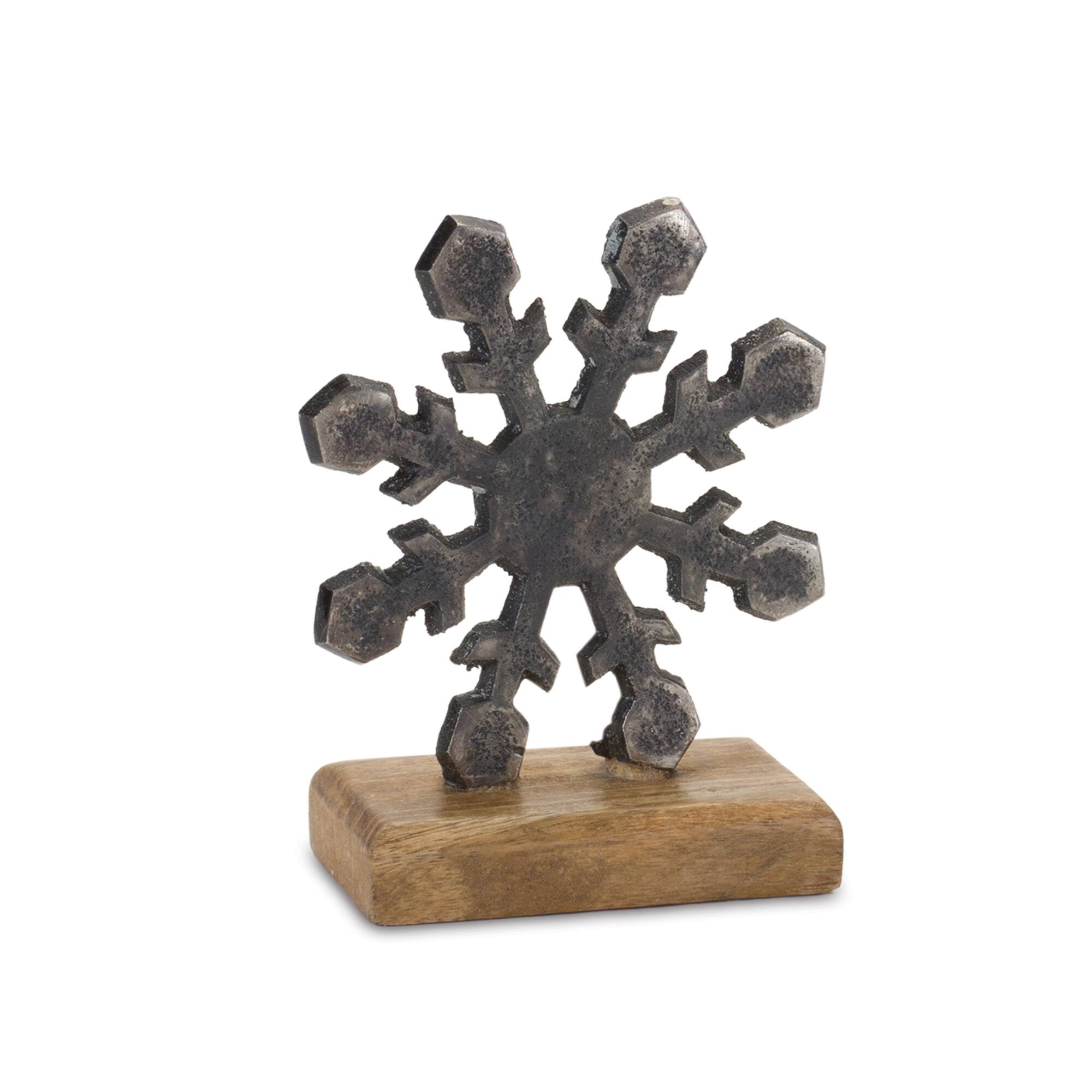 Left. BreeBe - Metal Snowflake on Wood Base (Set of 6) - Silver, Brown.