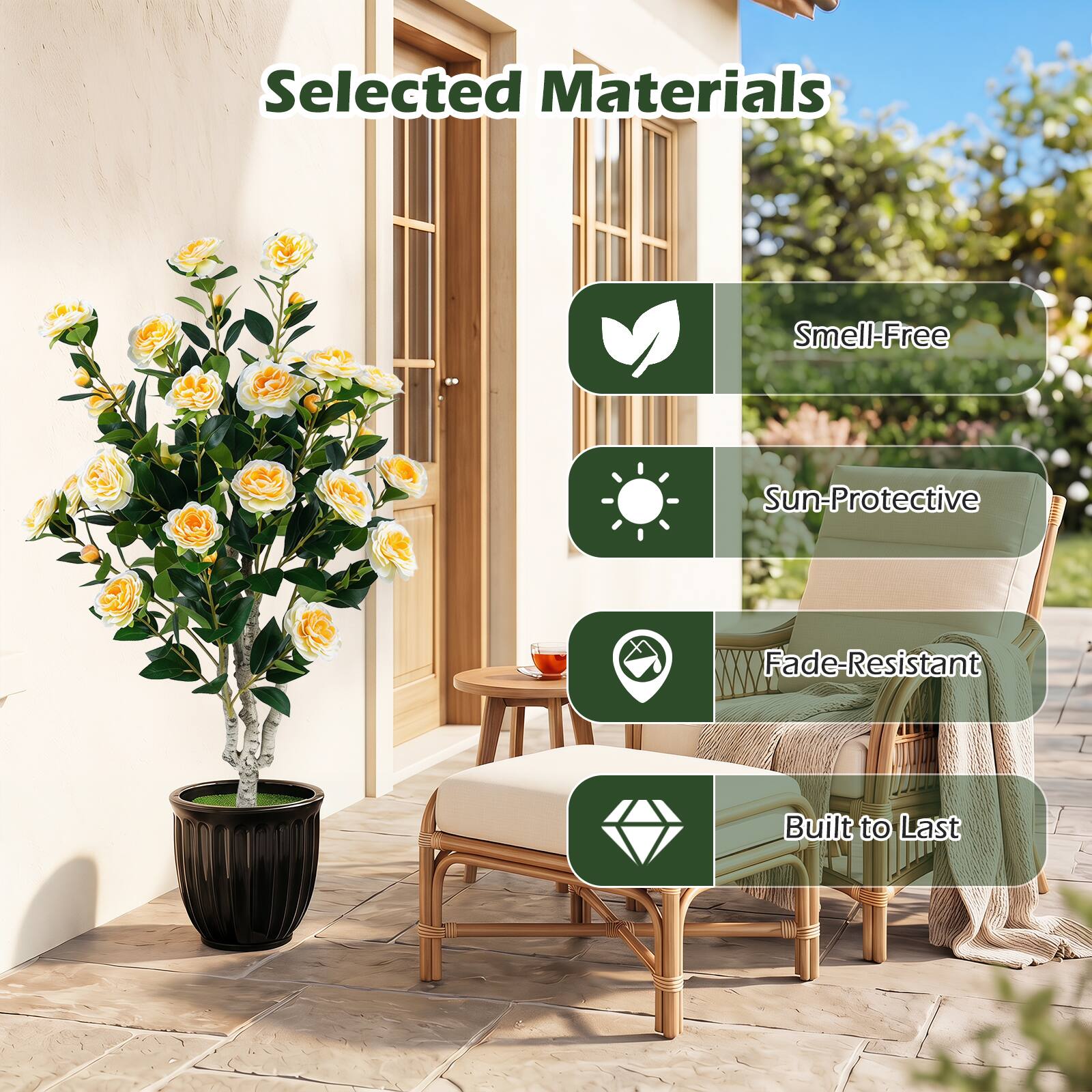 Selected Materials  
- Smell-Free  
- Sun-Protective  
- Fade-Resistant  
- Built to Last