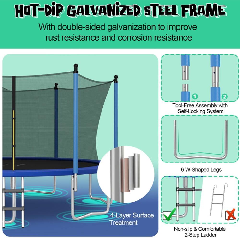 HOT-DIP GALVANIZED STEEL FRAME  
With double-sided galvanization to improve rust resistance and corrosion resistance

1. Tool-Free Assembly with Self-Locking System  
2. 6 W-Shaped Legs  
3. 4-Layer Surface Treatment  
4. Non-slip & Comfortable 2-Step Ladder