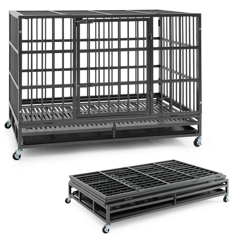 Alt View 4. WELLFOR - 48 in Heavy Duty Dog Crates with Lockable Wheels and Doors, Foldable Metal Dog Cage with Tray, Dog Kennel for Indoor - Black.