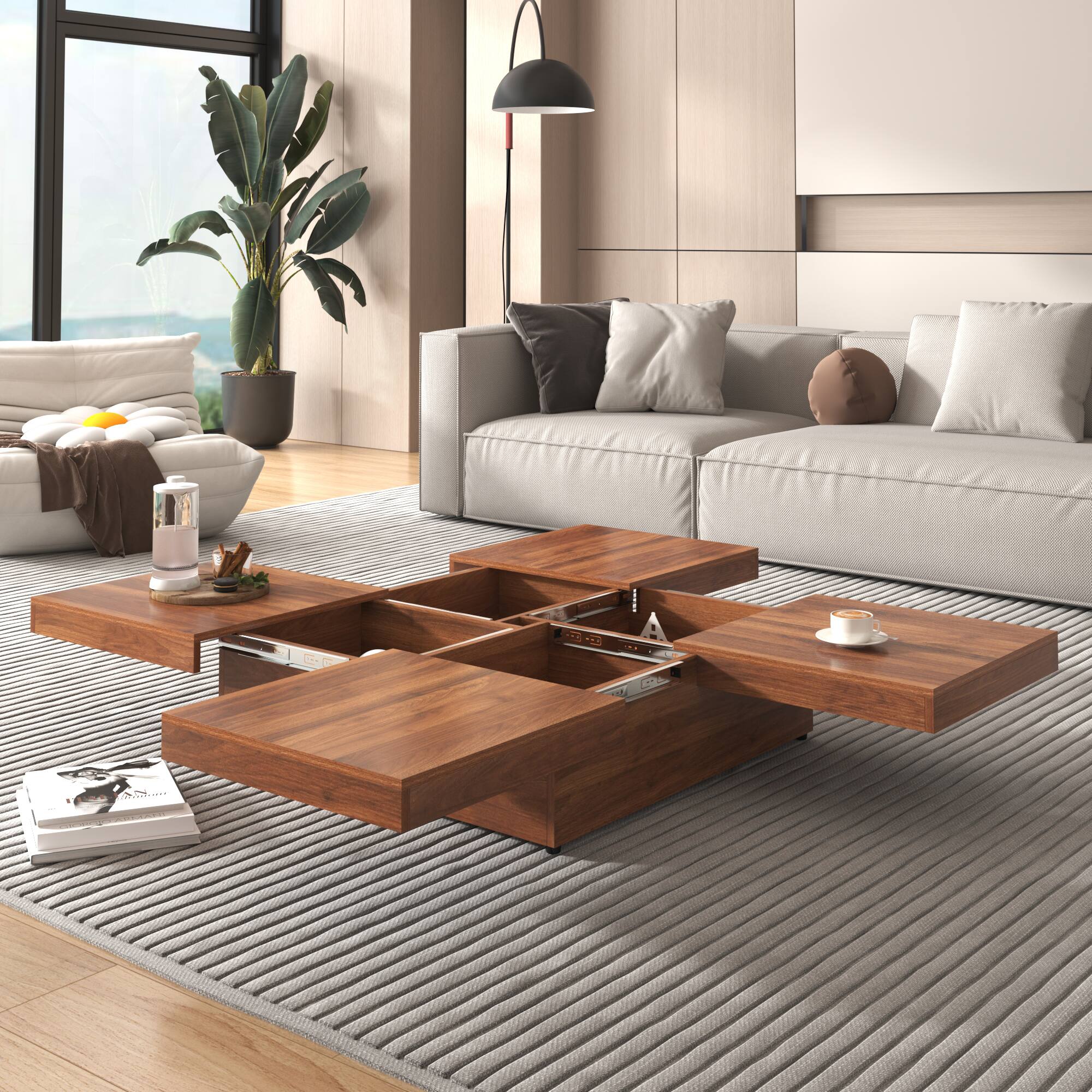 Alt View 3. Lirago - 39" Square Veneer Coffee Table with Sliding Top Design Sliding Top with Storage Hidden Storage Drawer and Ample Storage - Brown.