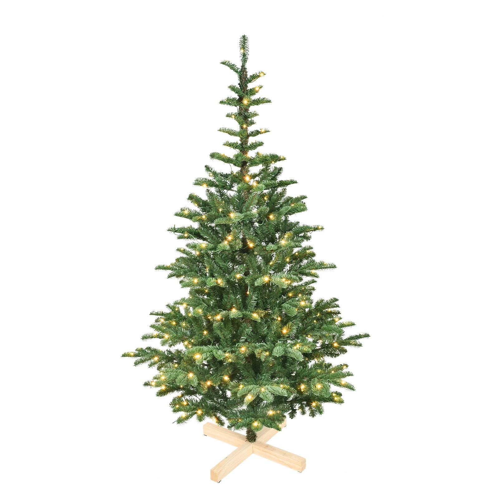 Boyel Living - 7 ft. Christmas Tree with LED Lights PE PVC Layered 941 Tips with Wooden Base Full Holiday Decoration - Green