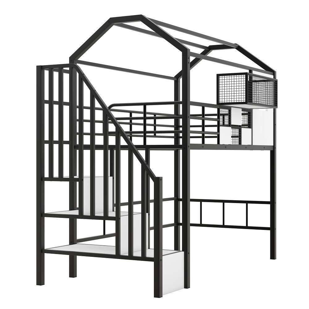 Alt View 8. Loheer - Loheer Metal Loft Bed with Roof Design Twin Size Black House Loft Bed with Storage Box and Integrated Ladder - Black.
