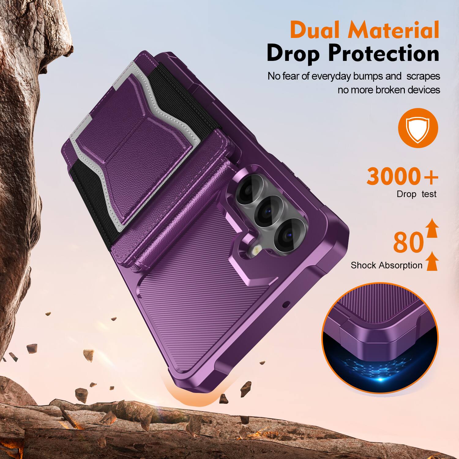 Dual Material Drop Protection  
No fear of everyday bumps and scrapes, no more broken devices  

3000+ Drop test  
80 Shock Absorption