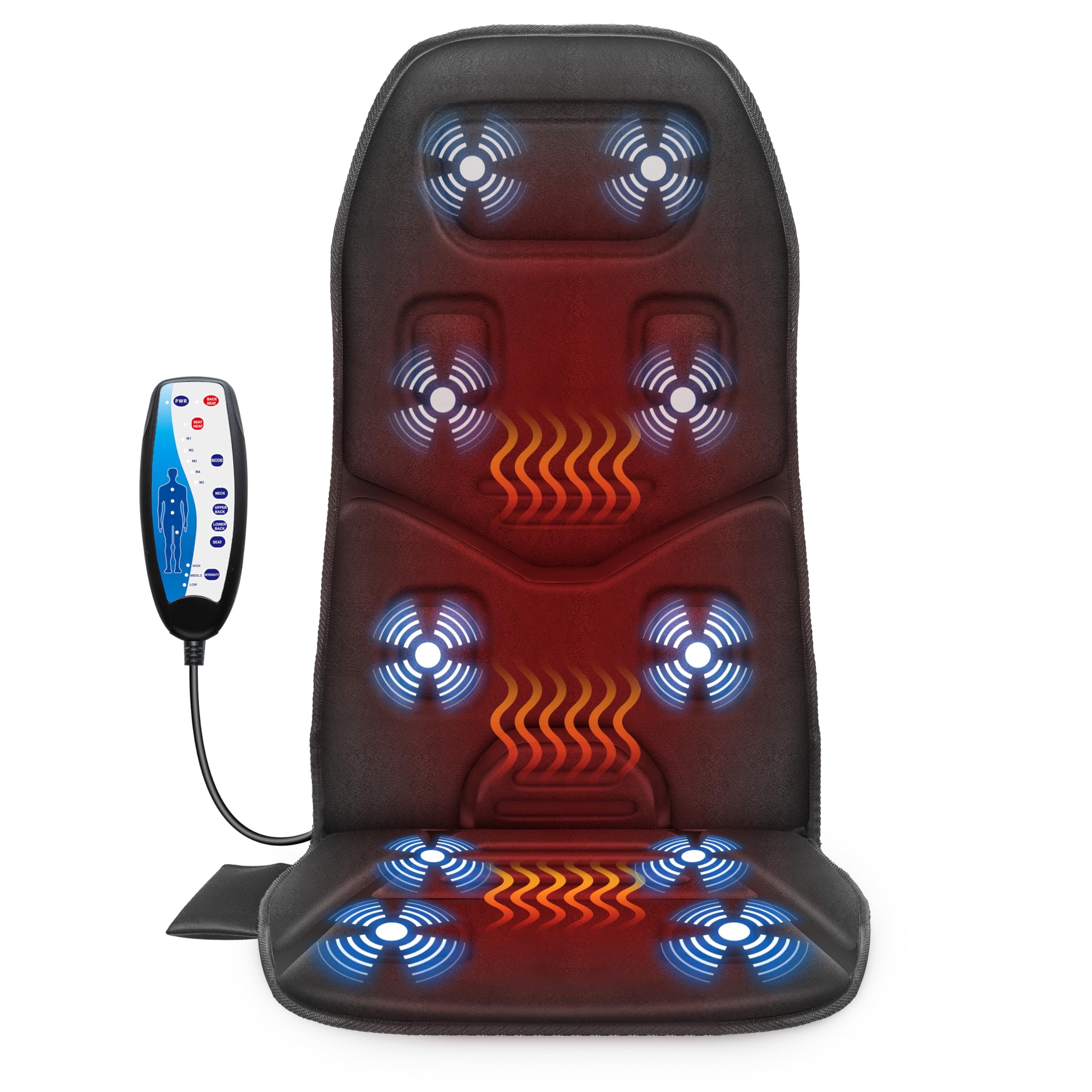 Fabibe - Back Massager with Heat, Massage Seat Cushion for Chair with 10 Vibration Motors, Adjustable Lumbar Support - Seat Cushion-Light Black
