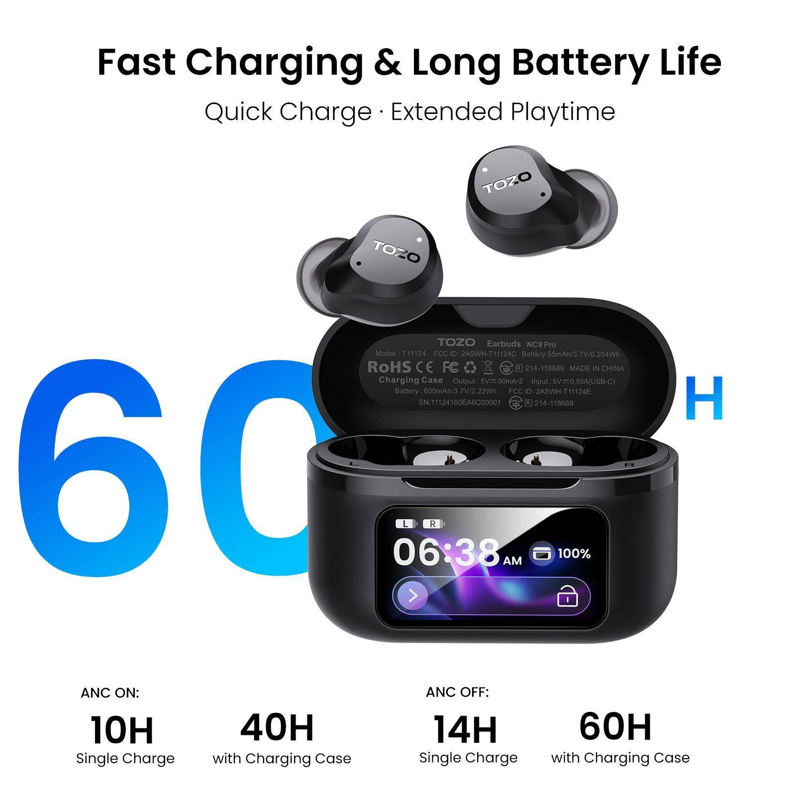 Fast Charging & Long Battery Life  
Quick Charge · Extended Playtime  

TOZO TOZO TOZO Earbuds NC9 Pro  
Model T11124  
FCCID: 2ASWH-T11124C  
Battery: 55mAh/3.7V/0.204Wh  
RoHS CE FC  

MADE IN CHINA  

Charging Case  
Output: 5V=90mA+2  
Input: 5V=0.55A (USB-C)  
Battery: 600mAh/3.7V/2.22Wh  
CCID: 2ASWH-T11124E  
SN: 11124160EA6000001  

ANC ON:  
10H  
Single Charge  

ANC OFF:  
14H  
Single Charge  

with Charging Case:  
40H  
60H