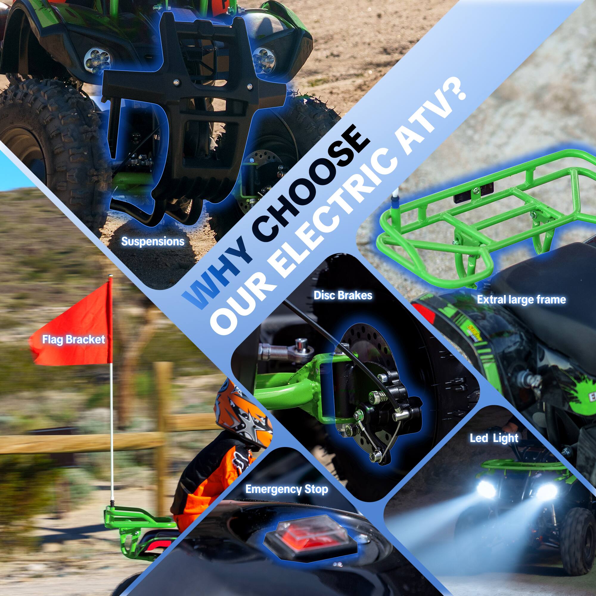 ATV? Suspensions WHY OUR ELECTRIC Disc Brakes Extra large frame Flag Bracket Led Light Emergency Stop