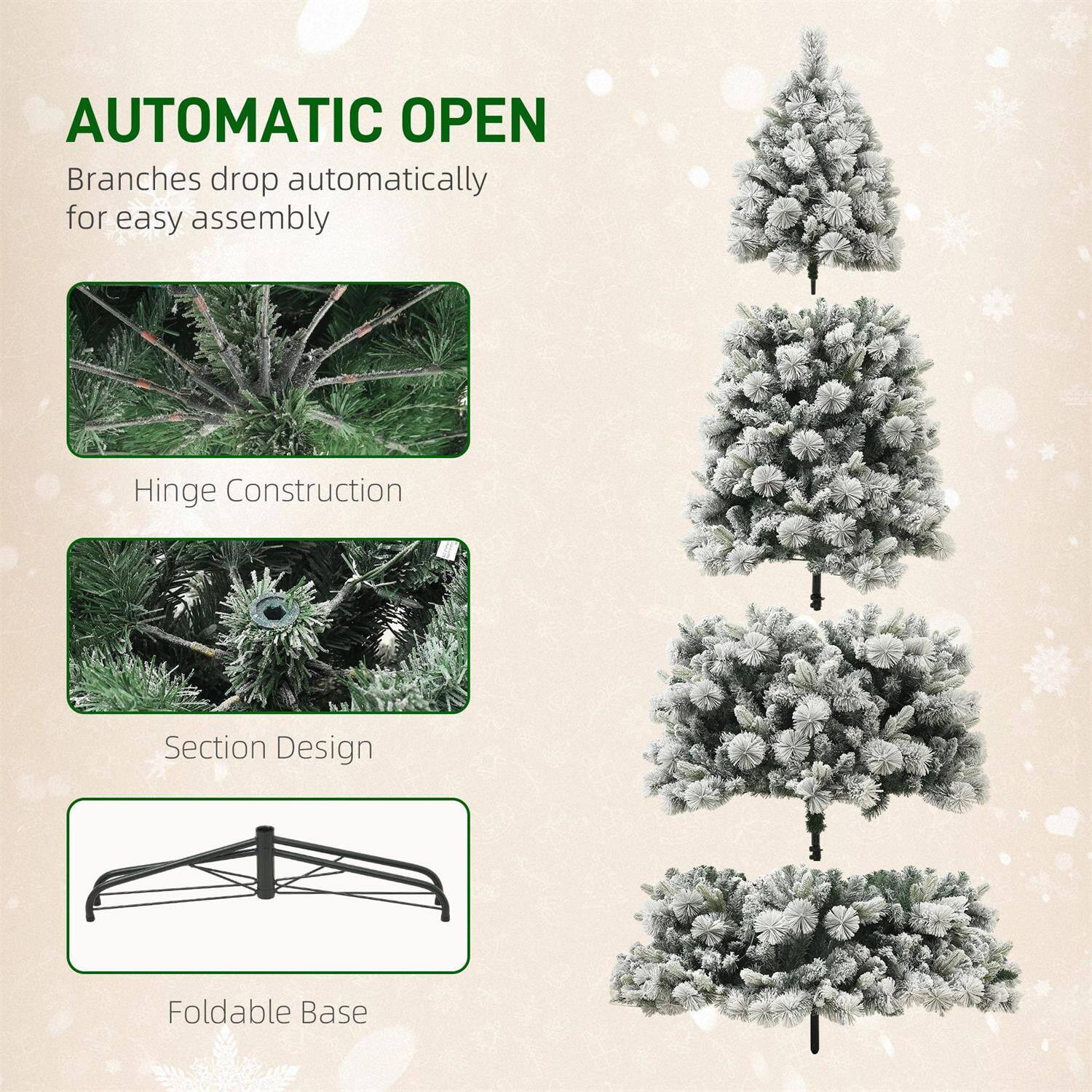 AUTOMATIC OPEN  
Branches drop automatically for easy assembly  

Hinge Construction  
Section Design  
Foldable Base