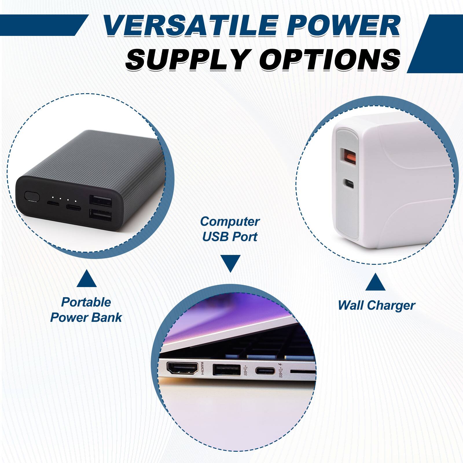 VERSATILE POWER SUPPLY OPTIONS

- Computer USB Port
- Portable Power Bank
- Wall Charger