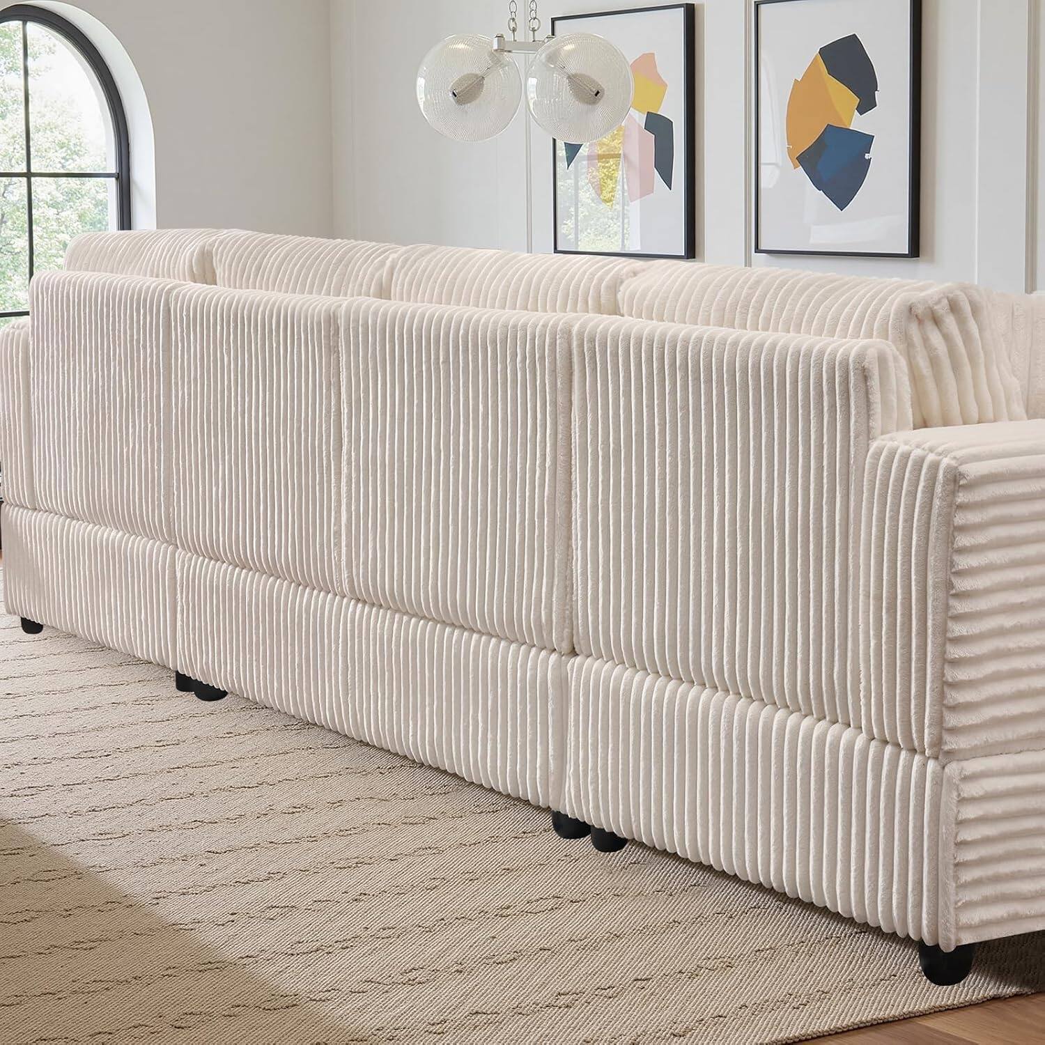 Alt View 6. Meqiodas - 4 Seater Oversized Modular Sectional Sofa, U Shaped Extra Large Corduroy Couch with Double Chaises - Beige White.