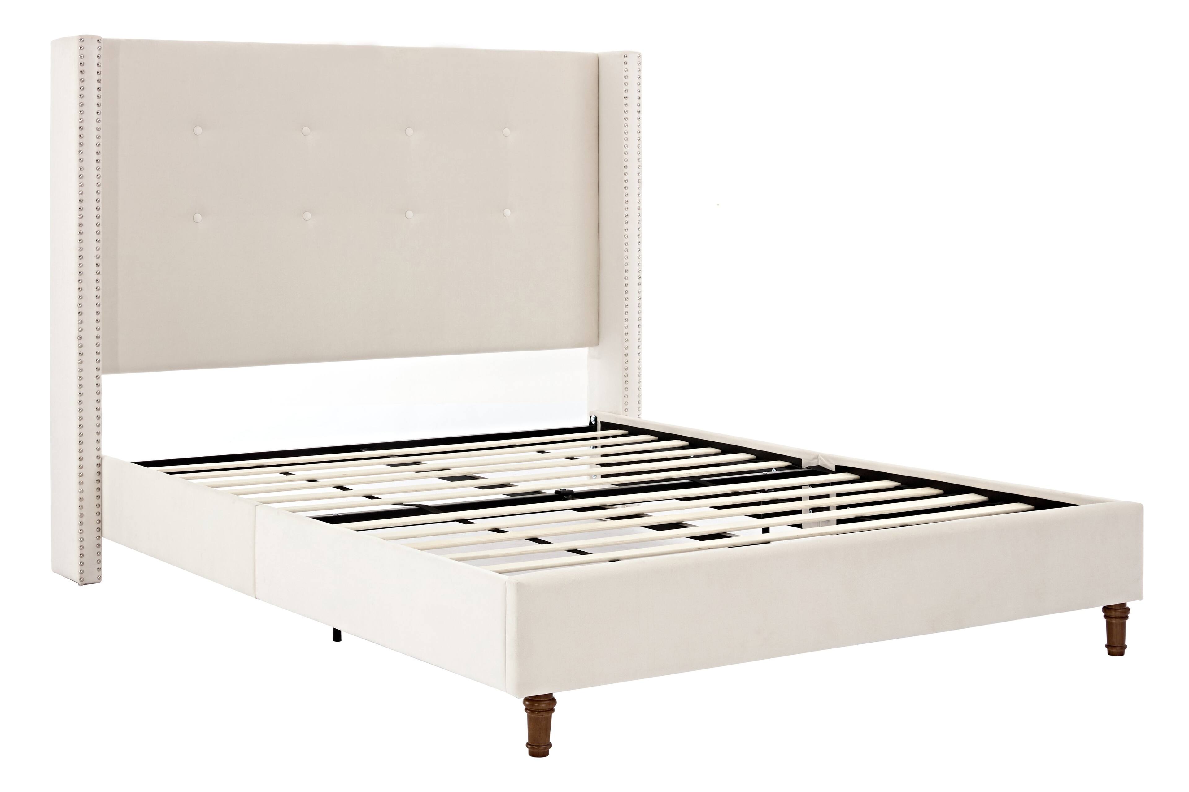 Back. LUCKY ONE - Queen Size Upholstered Bed Frame with High Wingback Headboard - Ivory.