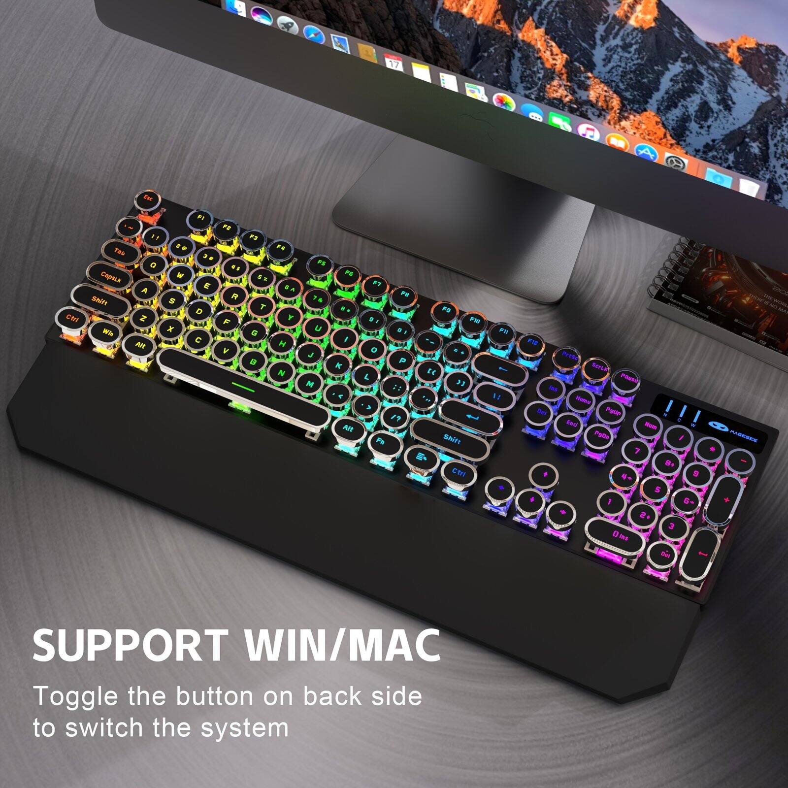 17
ESC F1 F2 " F3 2 es FE Tab 38 Q  FS Capsux W 5% F5 E  A  F8 Shift S R a D T .. Ctrl Z F Y 10 Win x G U 10  I Alt H V o &  P K  L M ::  Alt FB
FB F10 F11 to " to 11 Shift Ctrl
F12 Presc SEYLE Mase las Nome Del Pour End Num Pylia I  8+ + 4+ e 5  G+ 2+ 3 Olas Diet.
%
THE SYR 202 A NO WORLD LADON RASESEE
SUPPORT WIN/MAC Toggle the button on back side to switch the system